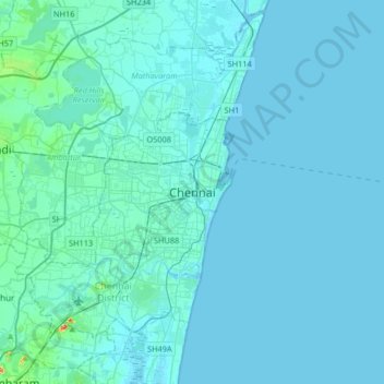 Mapa topográfico Chennai, altitude, relevo