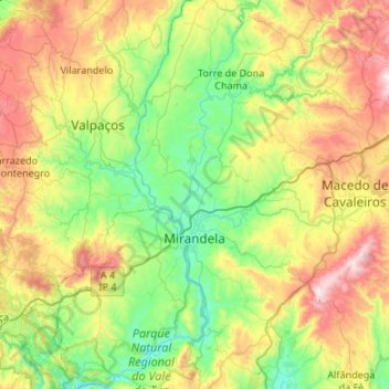 Mapa topográfico Mirandela, altitude, relevo