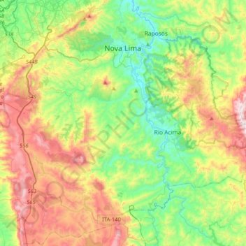 Mapa topográfico Nova Lima, altitude, relevo