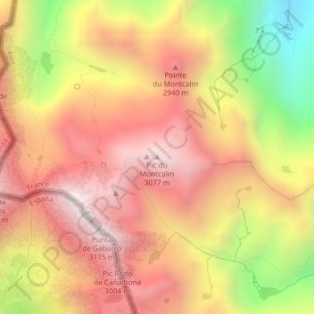 Mapa topográfico Pic du Montcalm, altitude, relevo