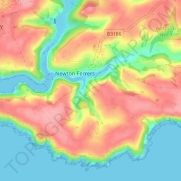 Mapa topográfico Noss Mayo, altitude, relevo