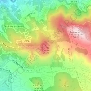 Mapa topográfico Monte Tuscolo, altitude, relevo