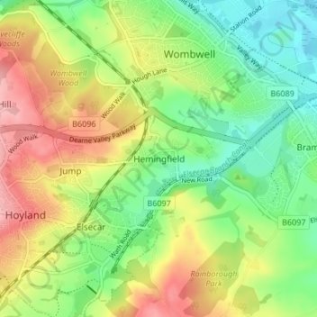 Mapa topográfico Hemingfield, altitude, relevo