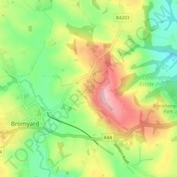 Mapa topográfico Bromyard Downs, altitude, relevo