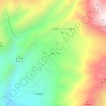 Mapa topográfico Baruppu Utara, altitude, relevo