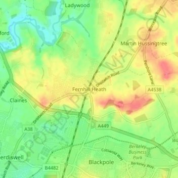 Mapa topográfico Fernhill Heath, altitude, relevo