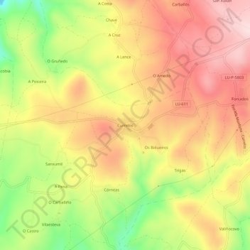 Mapa topográfico Currelos, altitude, relevo