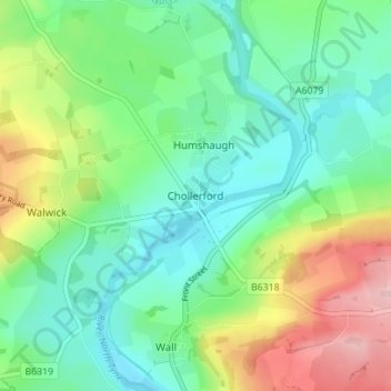 Mapa topográfico Chollerford, altitude, relevo