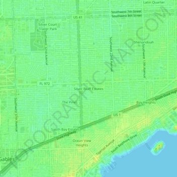 Mapa topográfico Silver Bluff Estates, altitude, relevo
