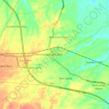 Mapa topográfico Lima Puluh, altitude, relevo
