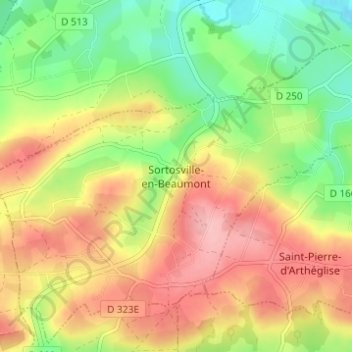 Mapa topográfico Sortosville-en-Beaumont, altitude, relevo