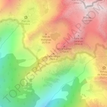 Mapa topográfico Cime Nègre, altitude, relevo