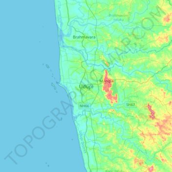 Mapa topográfico Udupi, altitude, relevo