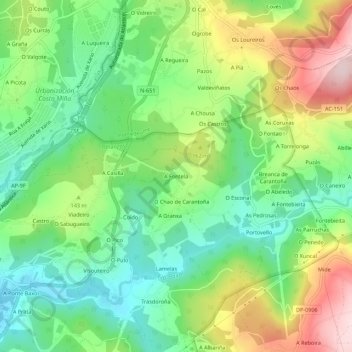 Mapa topográfico A Fontela, altitude, relevo