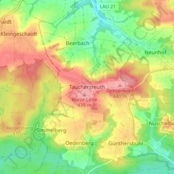 Mapa topográfico Tauchersreuth, altitude, relevo