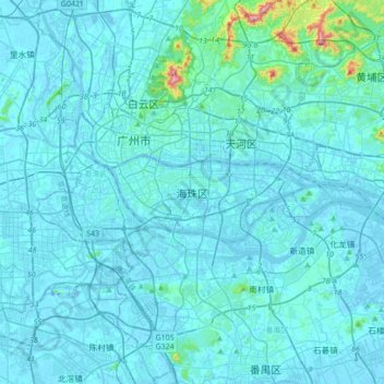 Mapa topográfico Guangzhou City, altitude, relevo