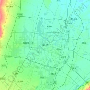 Mapa topográfico 银川市, altitude, relevo