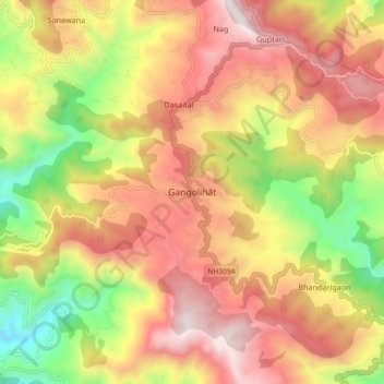 Mapa topográfico Gangolihāt, altitude, relevo