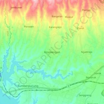 Mapa topográfico Kromengan, altitude, relevo