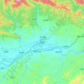 Mapa topográfico 洋县, altitude, relevo