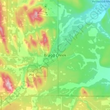 Mapa topográfico Bragg Creek, altitude, relevo