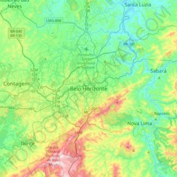 Mapa topográfico Belo Horizonte, altitude, relevo