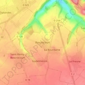 Mapa topográfico Boscrocourt, altitude, relevo