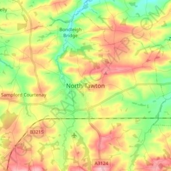 Mapa topográfico North Tawton, altitude, relevo
