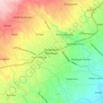 Mapa topográfico Kecamatan Masbagik, altitude, relevo