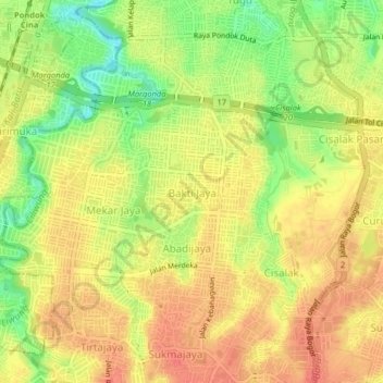 Mapa topográfico Bakti Jaya, altitude, relevo