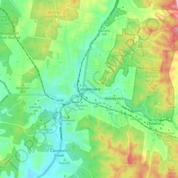 Mapa topográfico Castlemaine, altitude, relevo