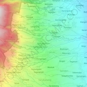 Mapa topográfico Gunungan Lor, altitude, relevo