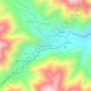 Mapa topográfico Paucartambo, altitude, relevo