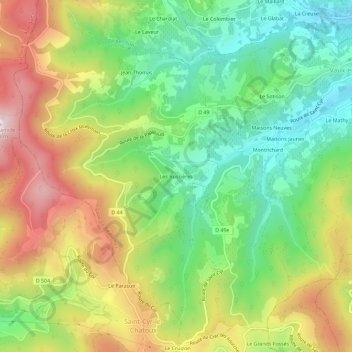 Mapa topográfico Les Bussières, altitude, relevo
