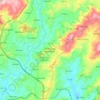 Mapa topográfico Senhora da Aparecida, altitude, relevo