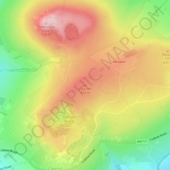 Mapa topográfico Clee Hill, altitude, relevo