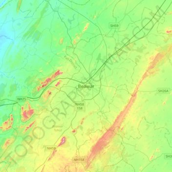 Mapa topográfico Beawar, altitude, relevo