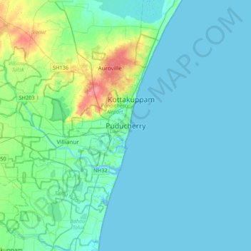 Mapa topográfico Puducherry, altitude, relevo