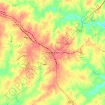 Mapa topográfico Honea Path, altitude, relevo