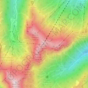 Mapa topográfico Monte Gomito, altitude, relevo