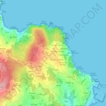 Mapa topográfico O Carballo, altitude, relevo