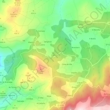 Mapa topográfico Cebolido, altitude, relevo