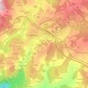 Mapa topográfico O Tellado, altitude, relevo