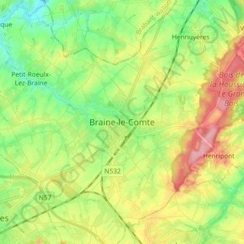 Mapa topográfico Braine-le-Comte, altitude, relevo
