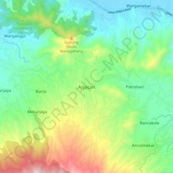Mapa topográfico Arjasari, altitude, relevo