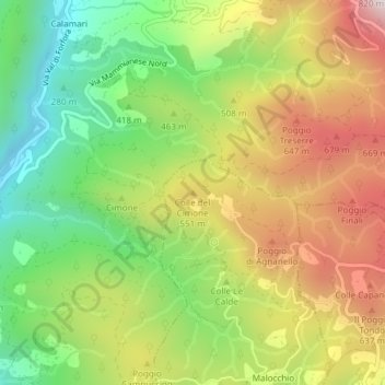 Mapa topográfico Colle del Cimone, altitude, relevo