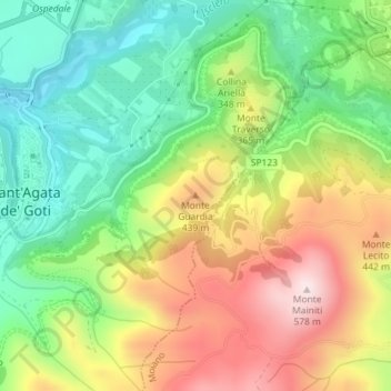 Mapa topográfico Monte Guardia, altitude, relevo