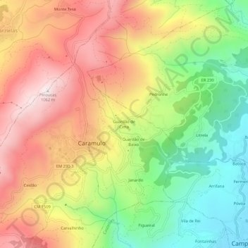 Mapa topográfico Guardão de Cima, altitude, relevo