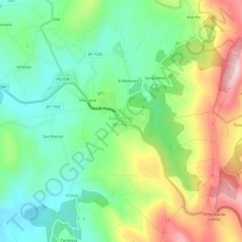 Mapa topográfico Soutelo de Montes, altitude, relevo