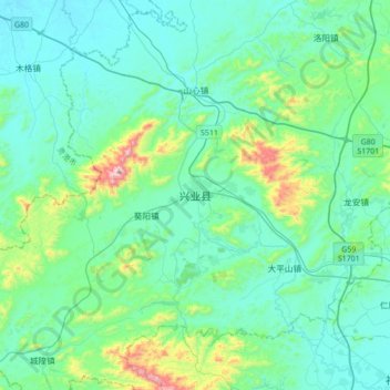 Mapa topográfico 兴业县, altitude, relevo